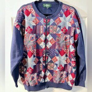 VTG 90’s Blue Multi Pattern Quilted Bomber Zip Up Sweater Jacket Lg Grannycore